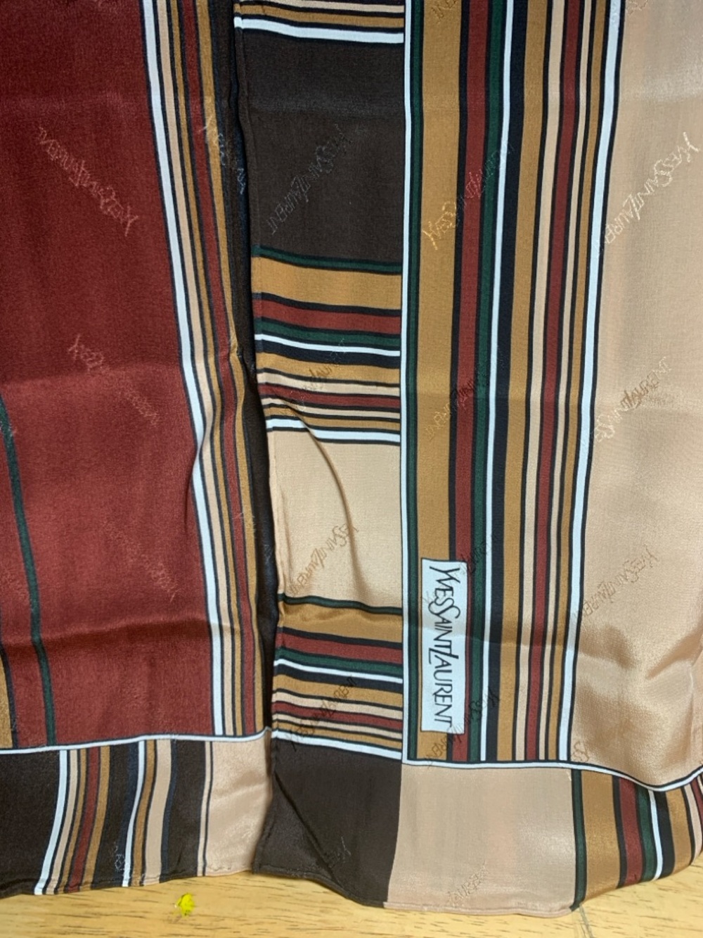 Yves Saint Laurent Striped Silk Scarf in Burgundy, Mustard, Green and Brown